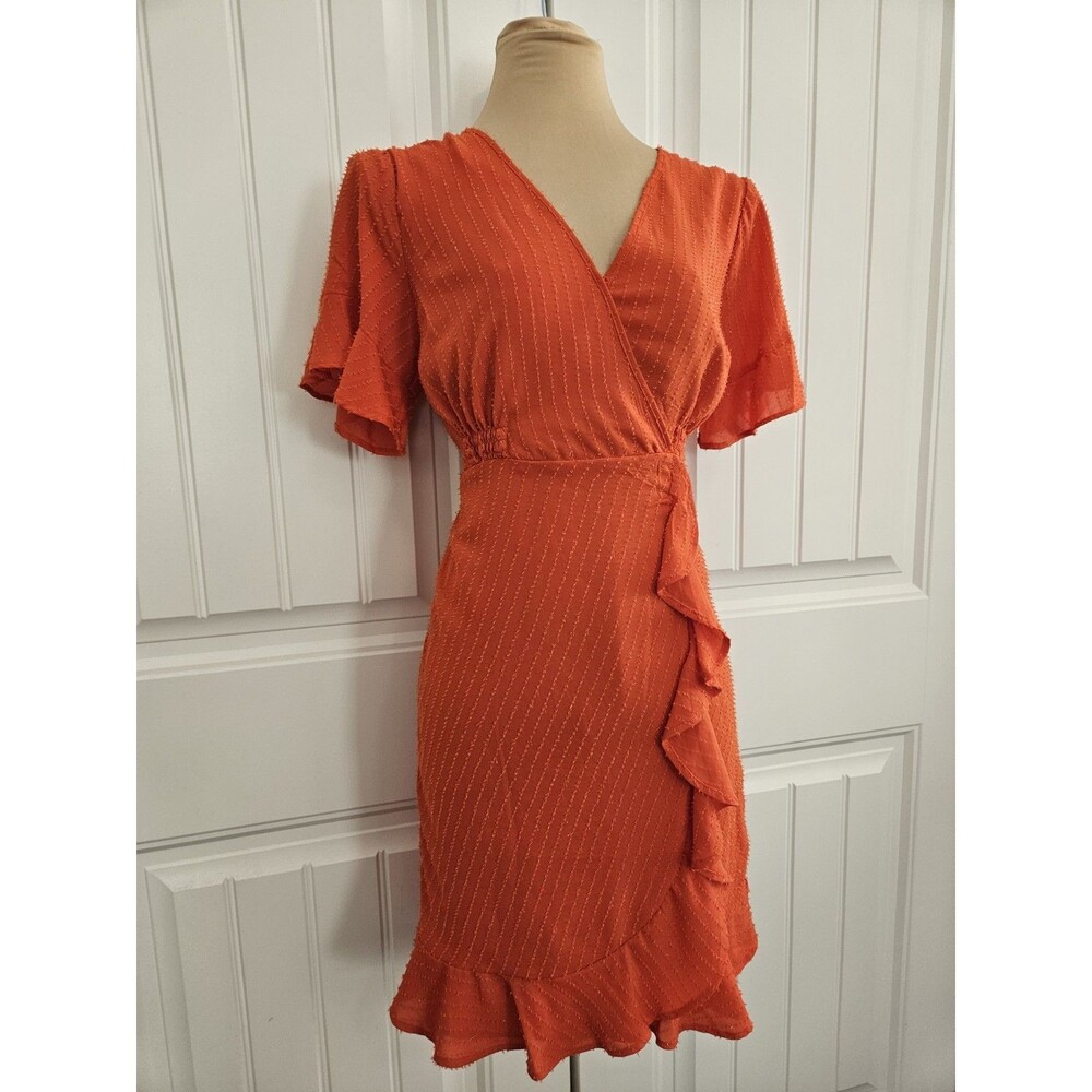 MICHAEL KORS FAUX-WRAP RUFFLE MINI Dress OPTIC ORANGE Sparkle Elastic Waist Sz S